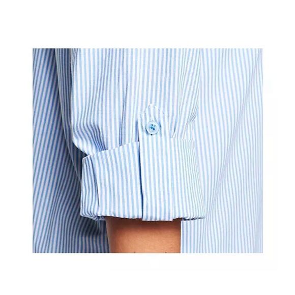 Denim & Co Women 2X Button Front Long Top Pink White Stripe Roll Tab Sleeves NWT - Picture 3 of 7